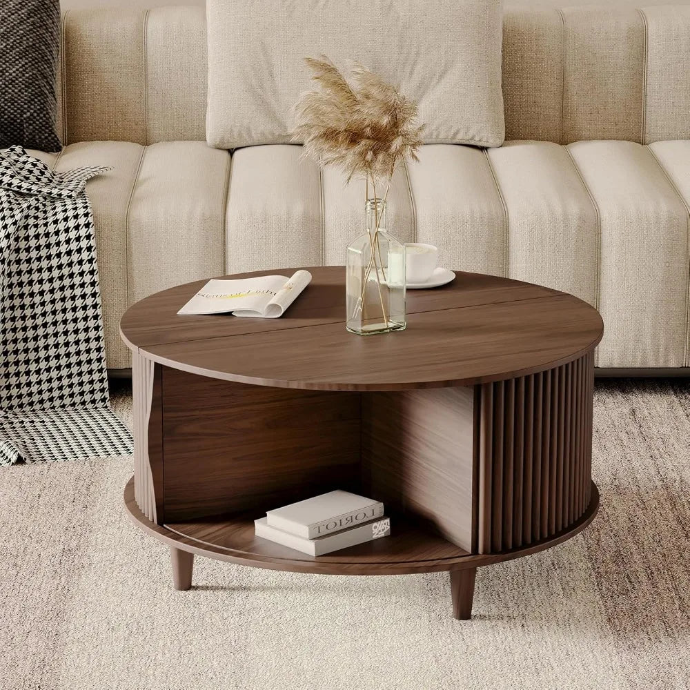 Round Modern Coffee Table with Sliding Cabinet Door