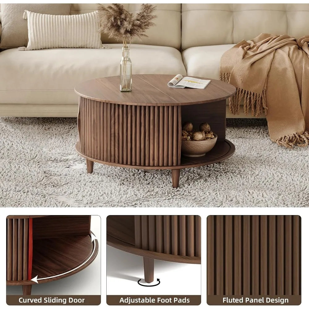 Round Modern Coffee Table with Sliding Cabinet Door