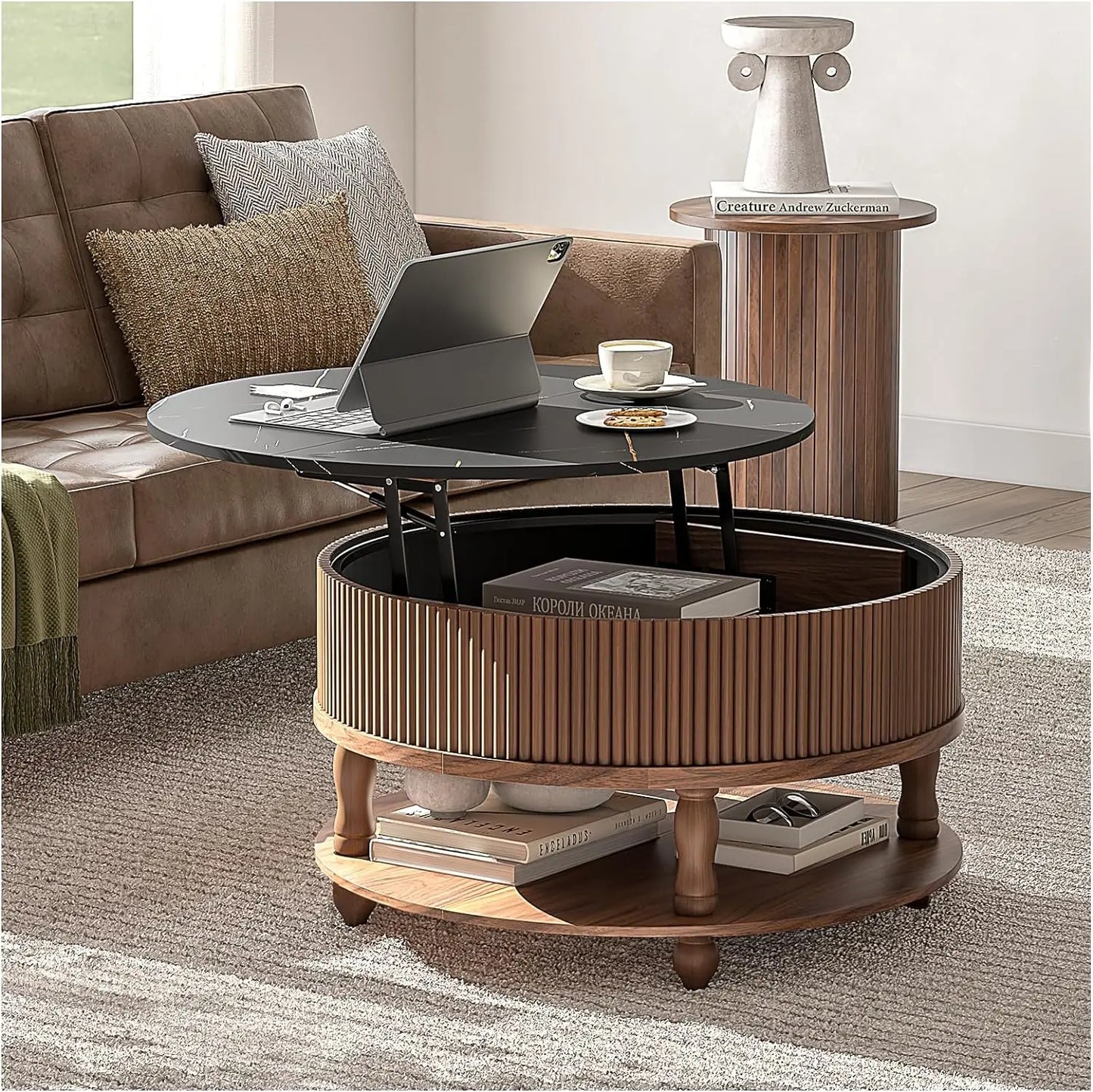 Round Modern Coffee Table with Sliding Cabinet Door